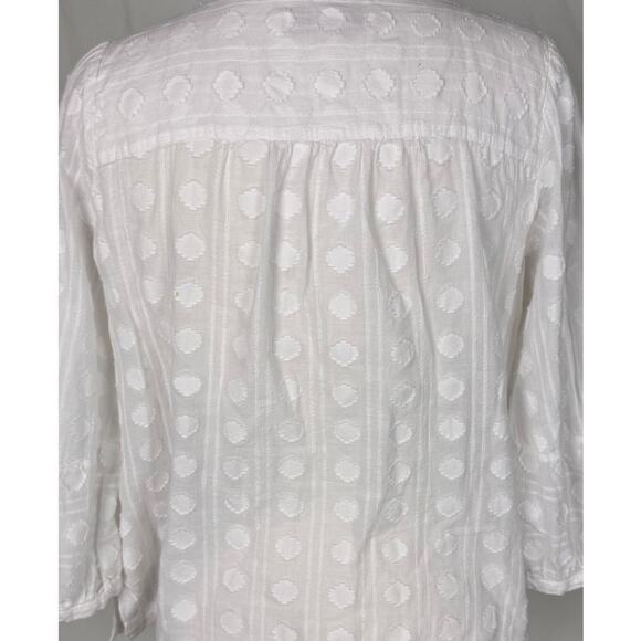 LOFT Small White Blouse 3/4 Sleeve Tie Neck Tassels Hobnail Pattern 100% Cotton - Picture 6 of 7